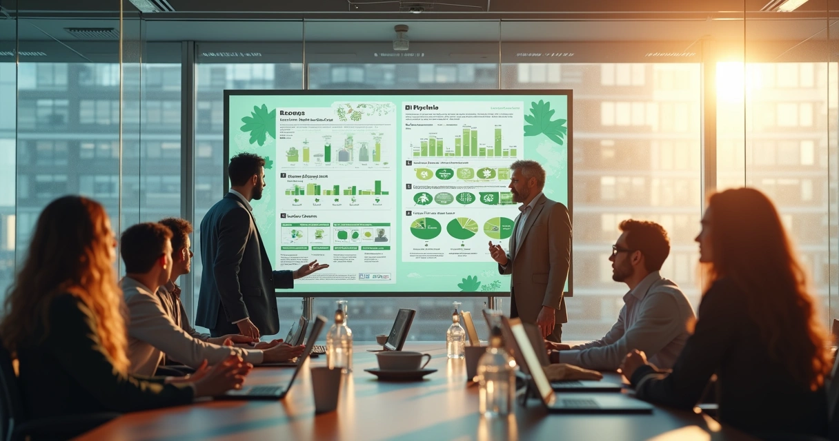 Grupo de empresários reunidos em sala moderna discutindo estratégia de reciclagem 