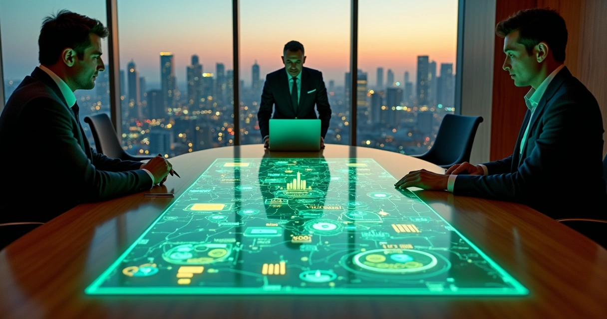 Executivos analisando mapa estratégico com ícones de incentivos fiscais e tecnologia 