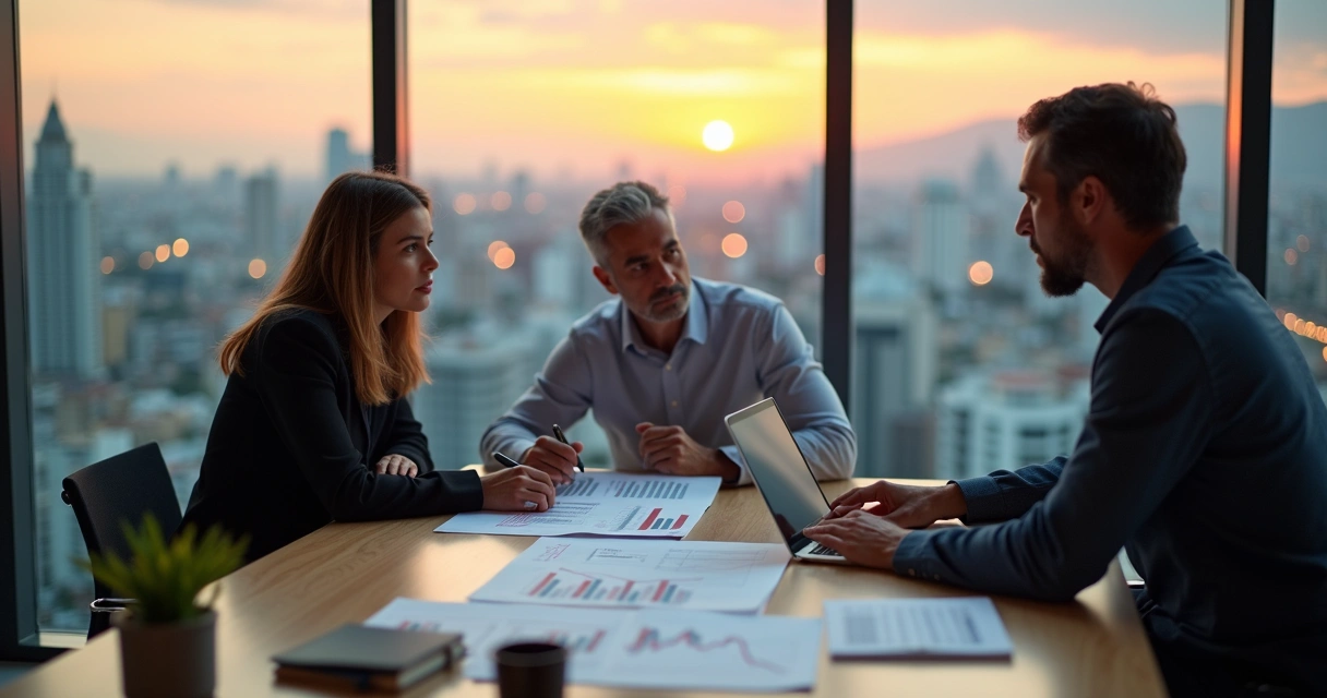 Três sócios familiares brasileiros analisando investimento em startup em sala de reunião moderna 