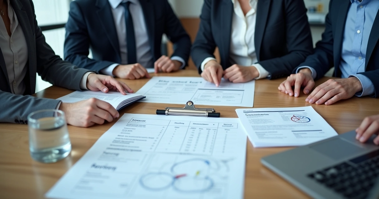 Empresários analisando documentos de licitação com tradução juramentada 