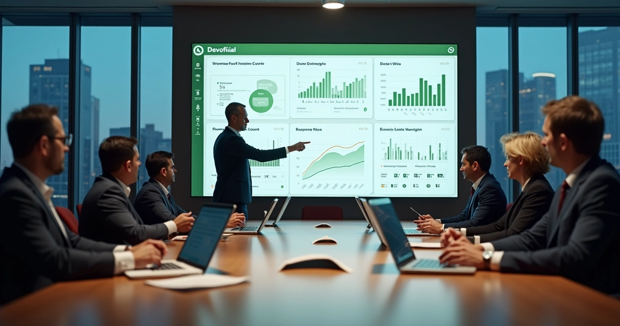 Executivos analisando painel de WhatsApp corporativo em grande empresa 