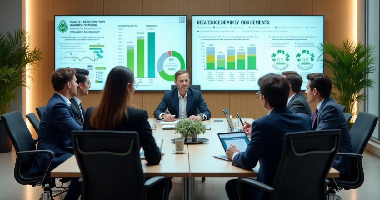 Executivos analisando relatórios de sustentabilidade e projetos de reciclagem 