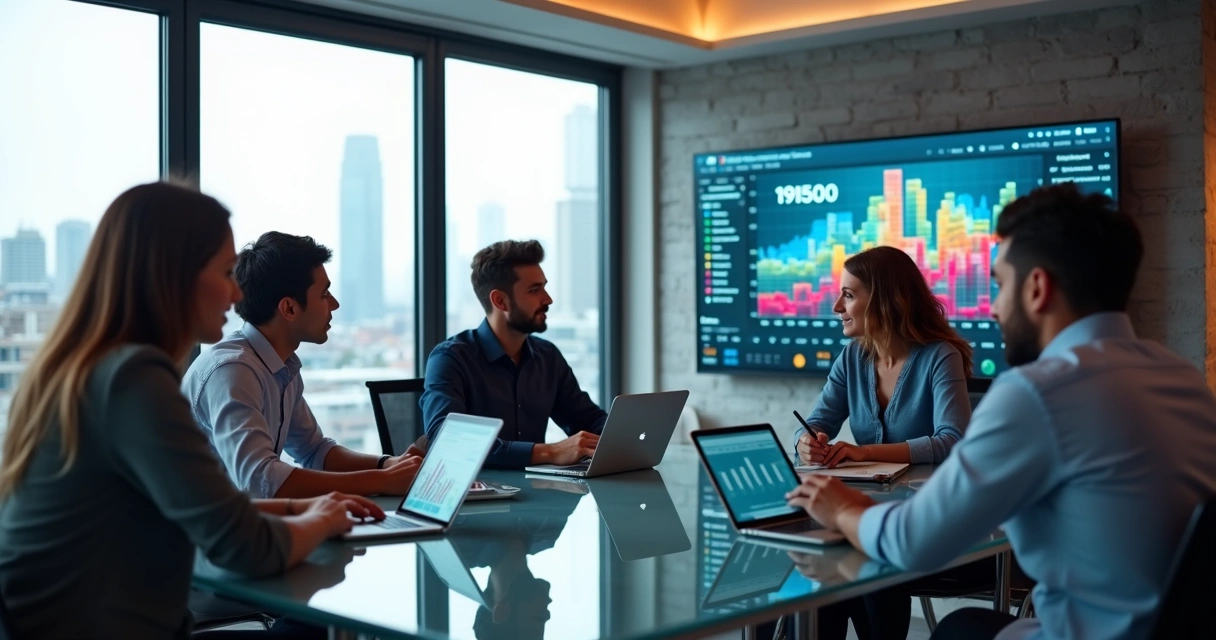 Empresários de Jundiaí avaliando dados de marketing digital em tablets 