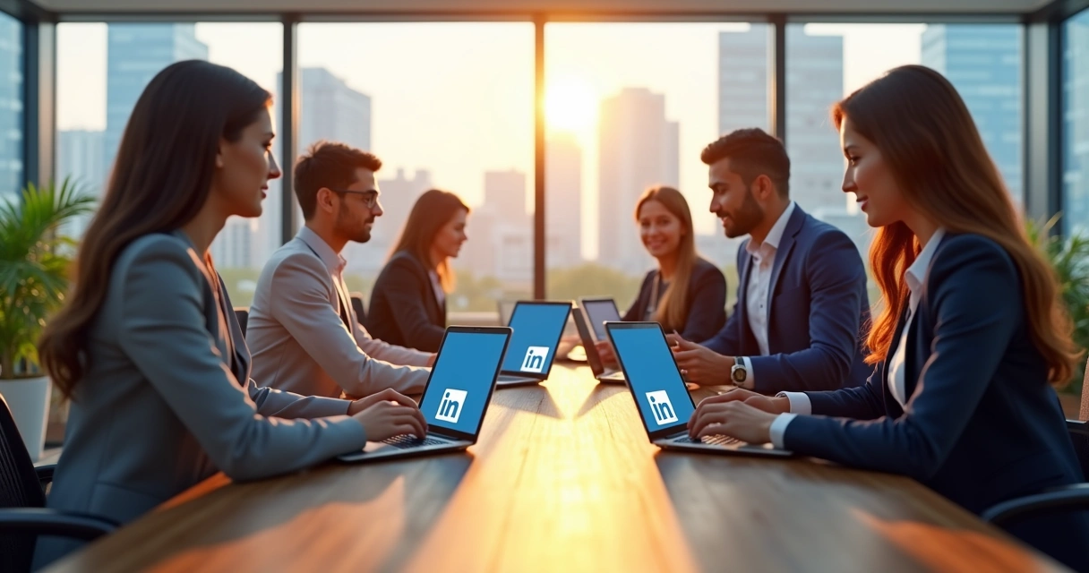 Empresários de Minas Gerais usando laptops em mesa de reunião 