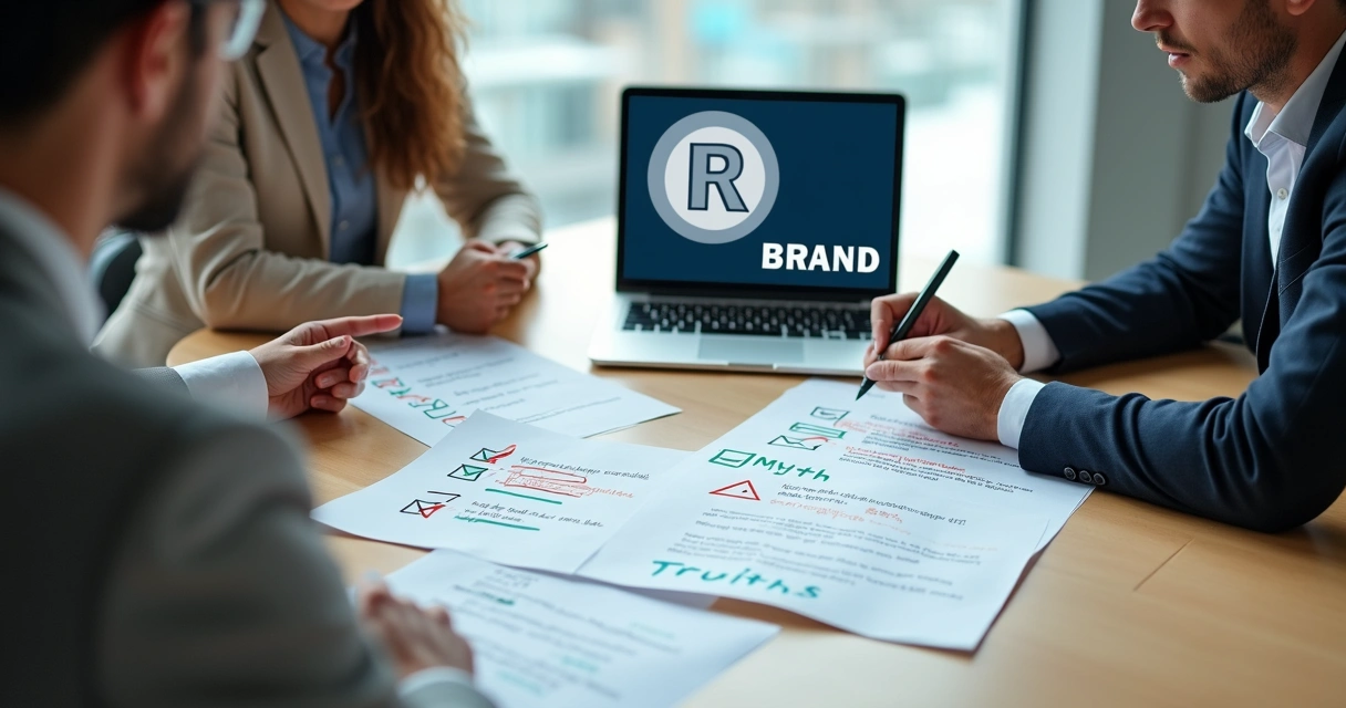 Empresários em reunião analisando mitos sobre registro de marca 