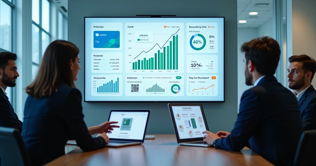 Executivos analisando gráficos de receita recorrente em painel financeiro digital 