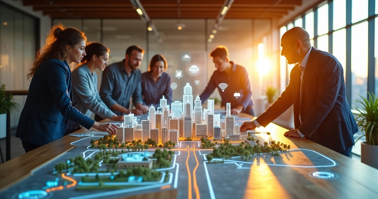 Empresários em laboratório de inovação observando mini cidade tecnológica 