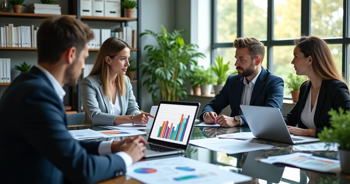 Empresários reunidos em sala moderna analisando gráficos e planejando estratégias de captação de recursos para pequenos negócios 