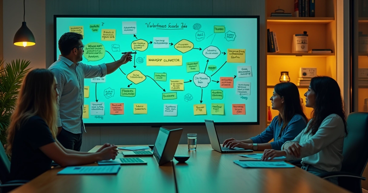 Empresários analisando quadro com fluxo de chatbot inteligente para WhatsApp 