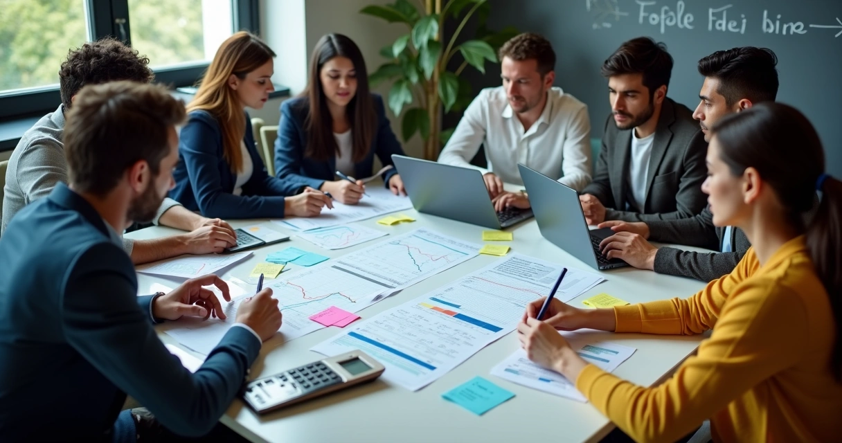 Empresários brasileiros analisando planilhas de custos e oportunidades de IA