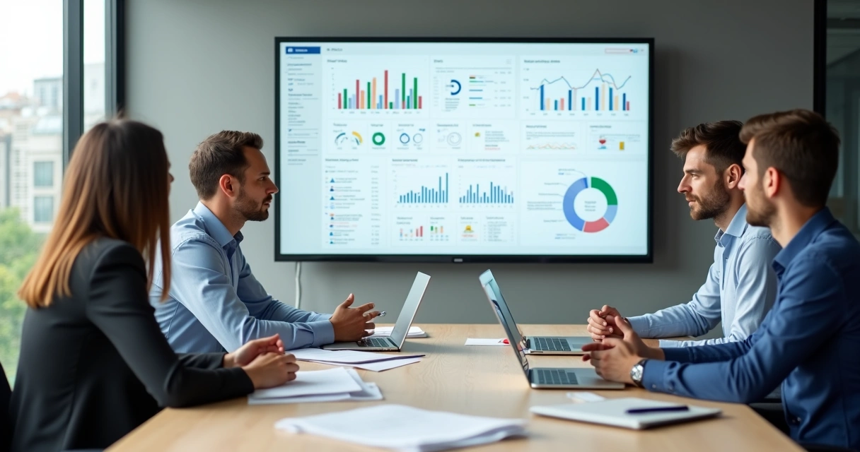 Empresários de PME analisando painel de inteligência artificial em reunião 