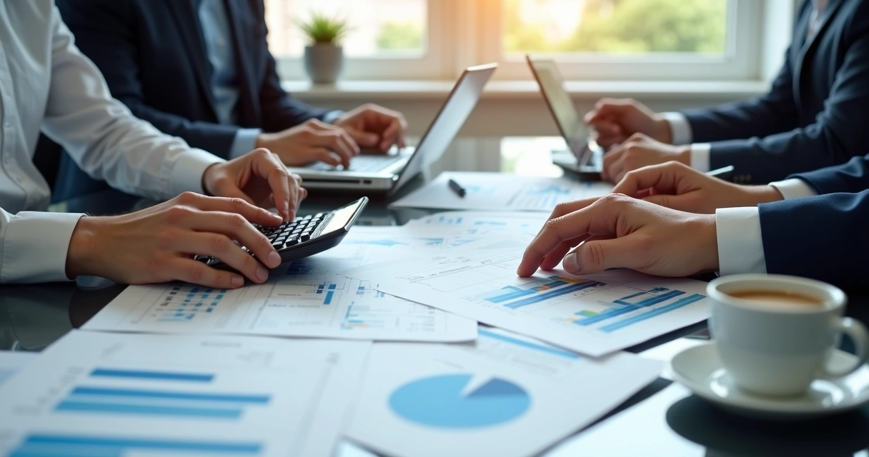 Reunião de empresários revisando documentos e dados fiscais em mesa de escritório 