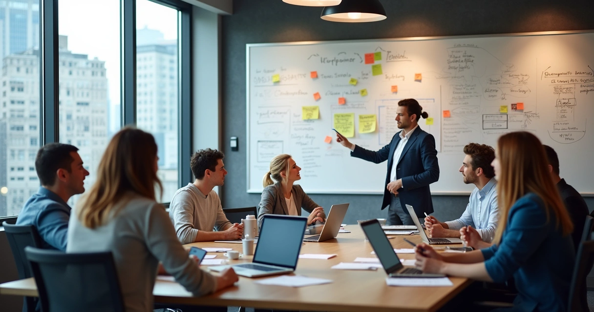 Equipe de profissionais discutindo projeto digital com quadros brancos e notebooks