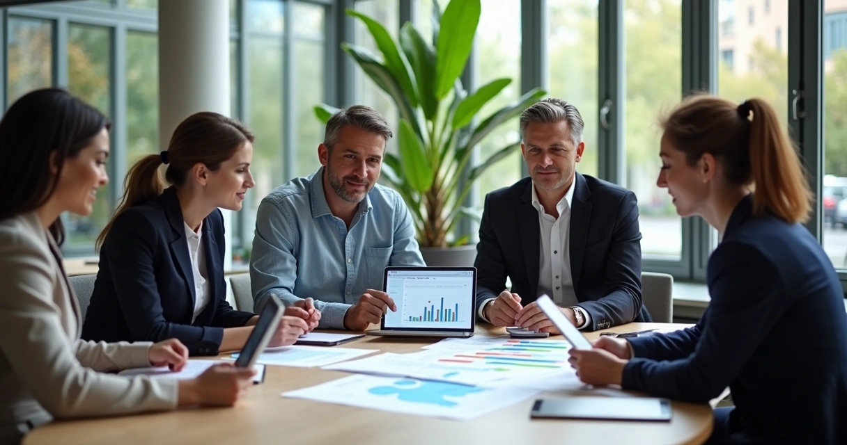 Empresários analisando relatórios ESG em reunião 