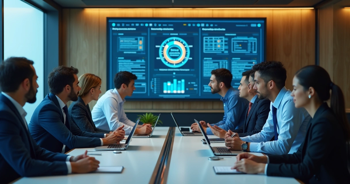 Empresários em reunião discutindo estratégias de inteligência artificial e automação 