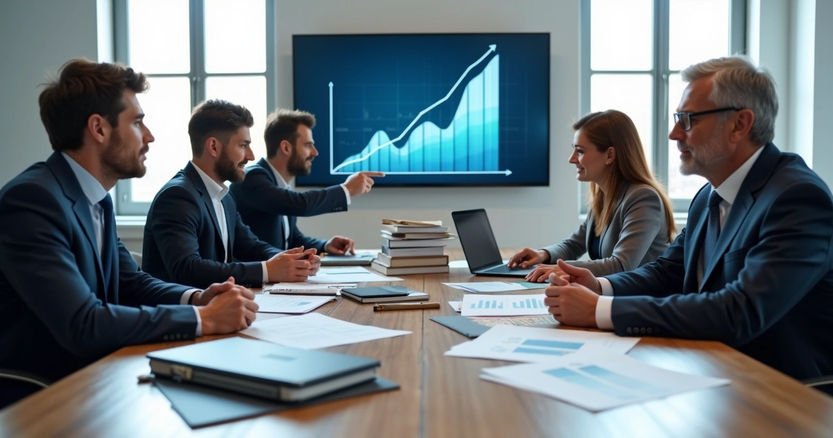 Empresários em sala discutindo documentos de licitação