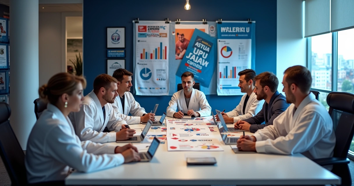 Grupo de empresários e atletas de Jiu-Jitsu reunidos à mesa discutindo evento esportivo 
