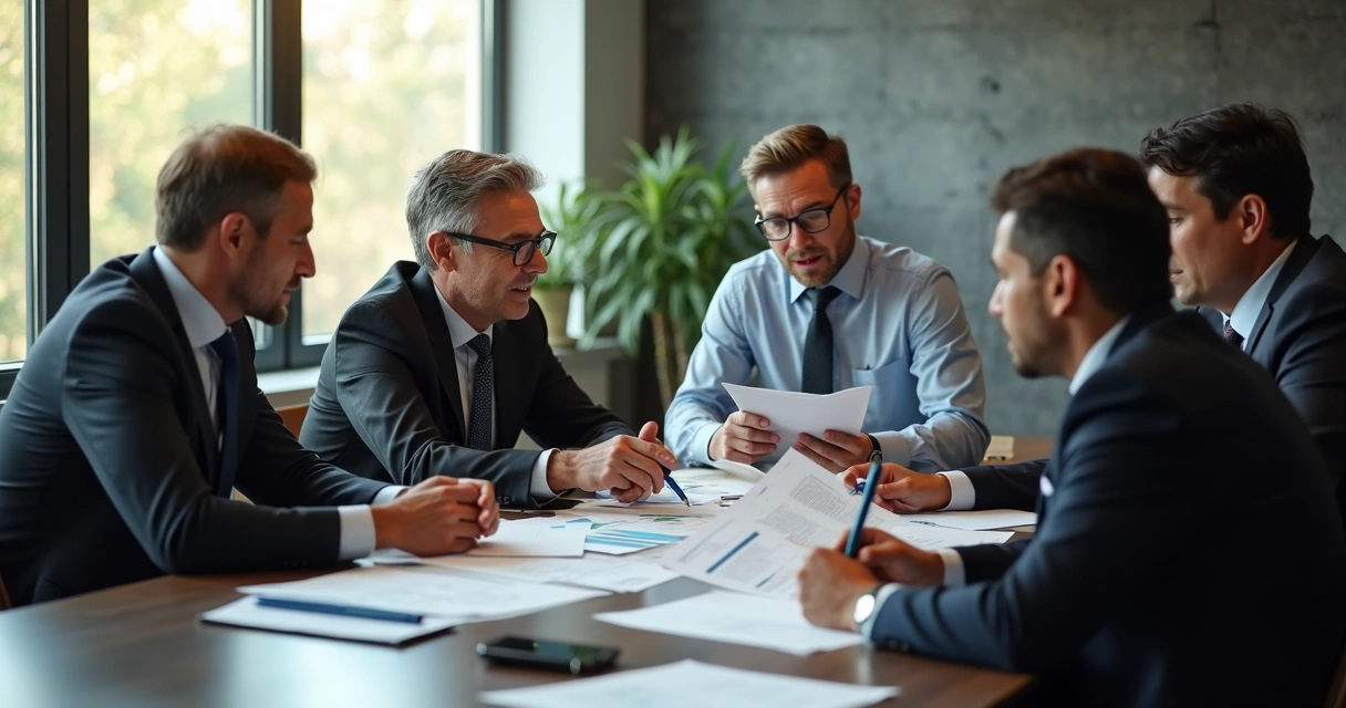 Empresários em uma sala de reunião analisando documentos da reforma tributária 