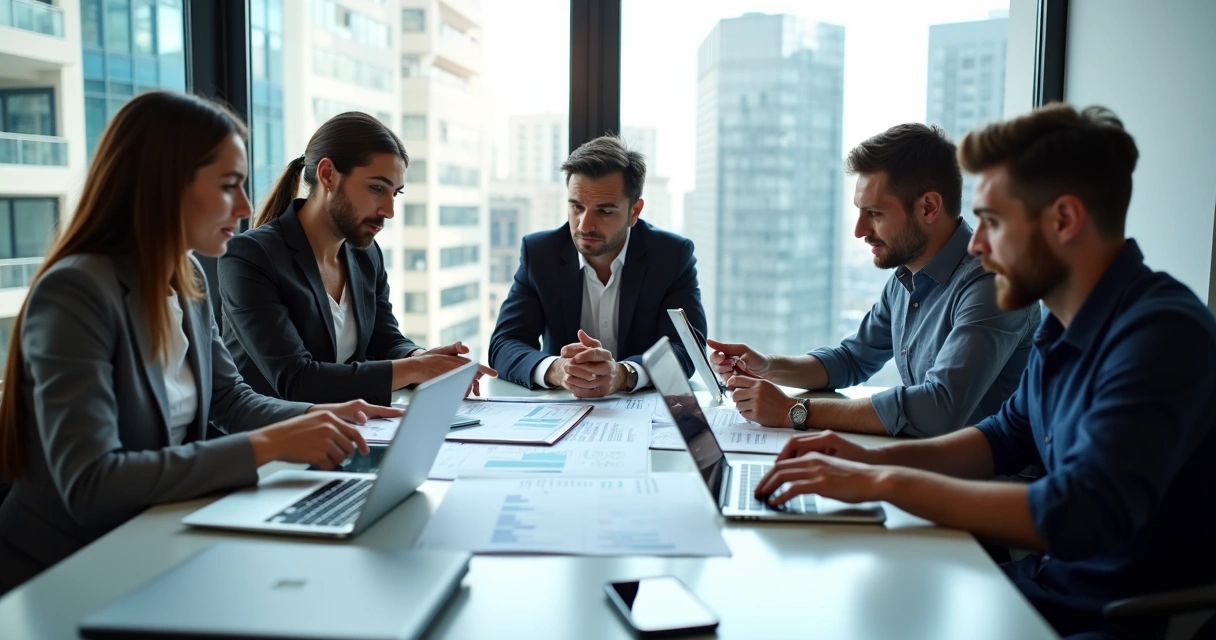 Empresários de tecnologia em reunião analisando relatórios de benefícios fiscais