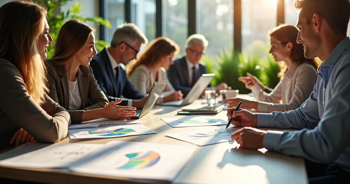 Reunión de empresarios colaborando en decisiones éticas 