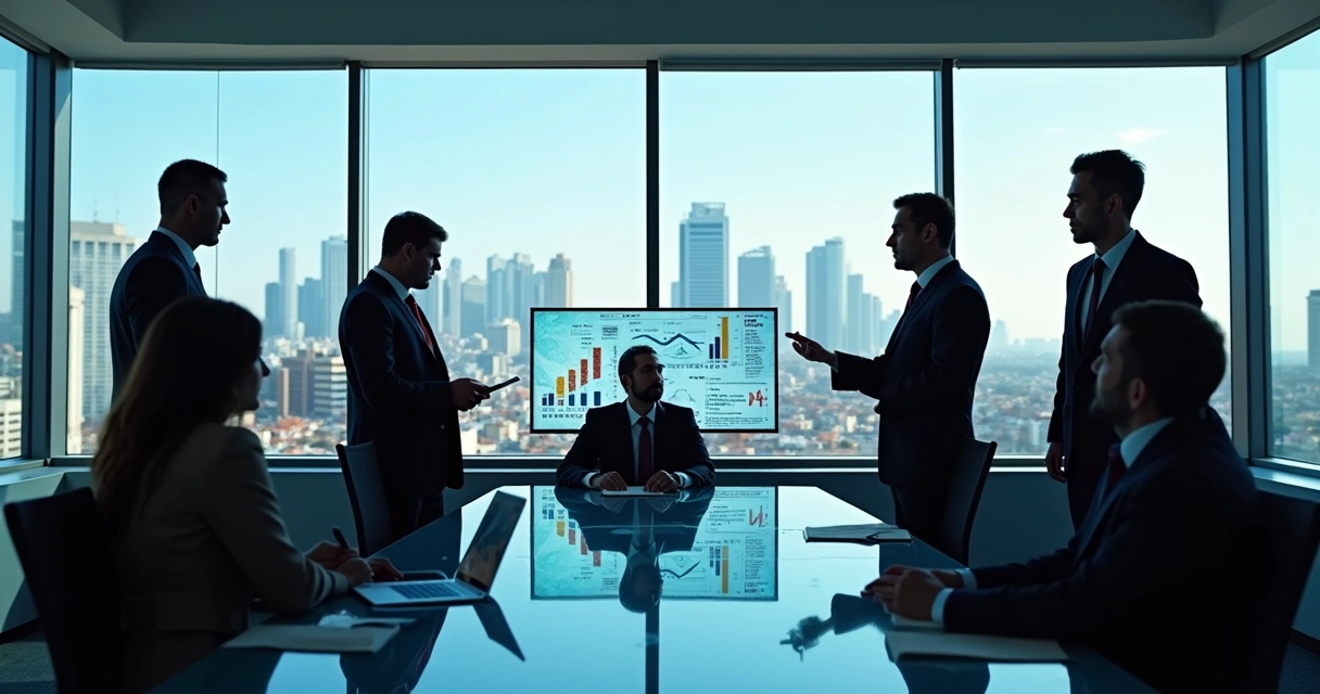 Executivos analisando gráficos de tendências em sala moderna 