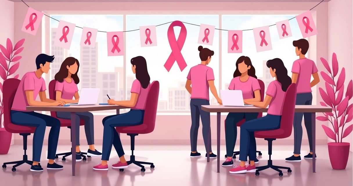 Ambientes de empresa decorados em tons de rosa com colaboradores vestindo camisetas do outubro rosa 