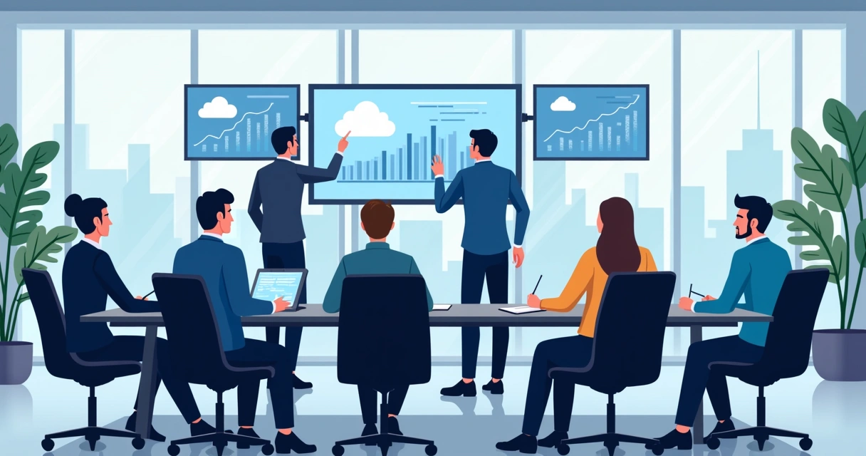 Equipes de TI analisando gráficos de crescimento em telas digitais na sala de reuniões 