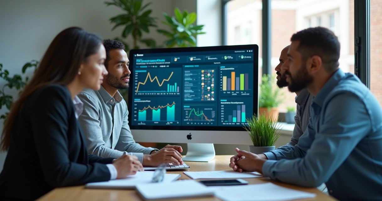 Equipe analisando automação de leads em monitor de computador