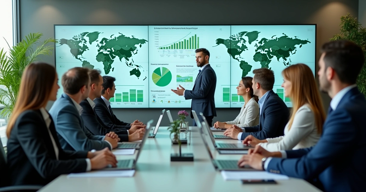 Empresas brasileiras apresentando relatórios ambientais em sala de reuniões