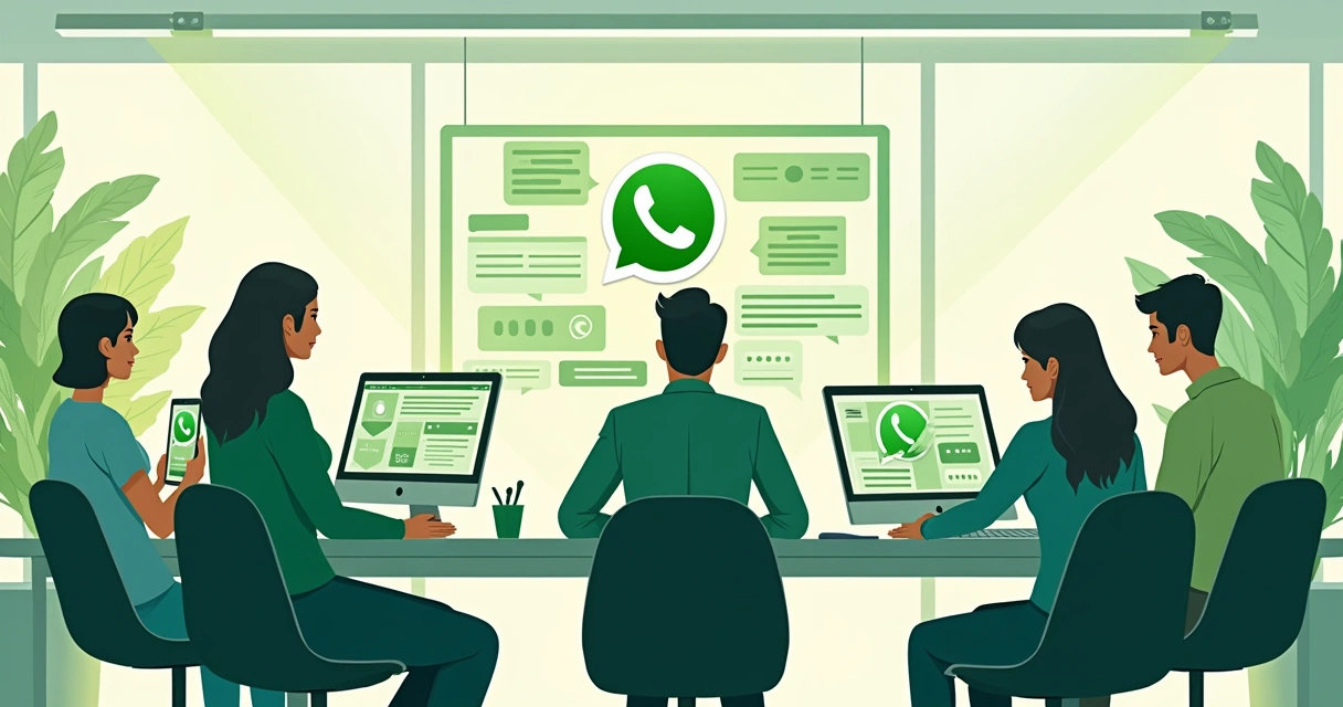 Equipe de vendas usando WhatsApp em diversos computadores 