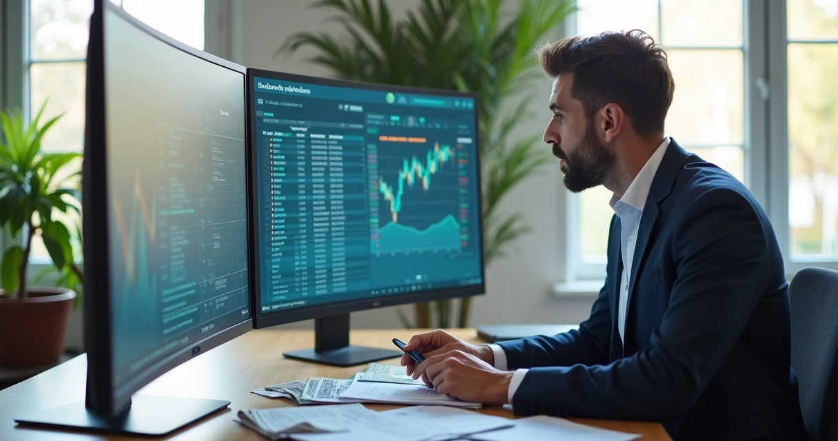 Profissional de empresa conferindo dados bancários na frente de um monitor grande 