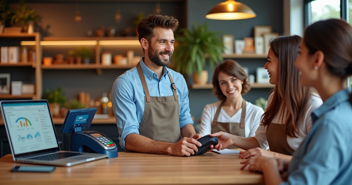 Empresário usando maquininha de pagamento personalizada com clientes em loja 