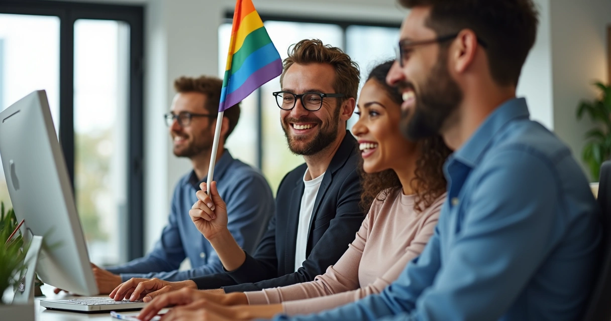 Equipe de trabalho diversa com bandeira colorida 