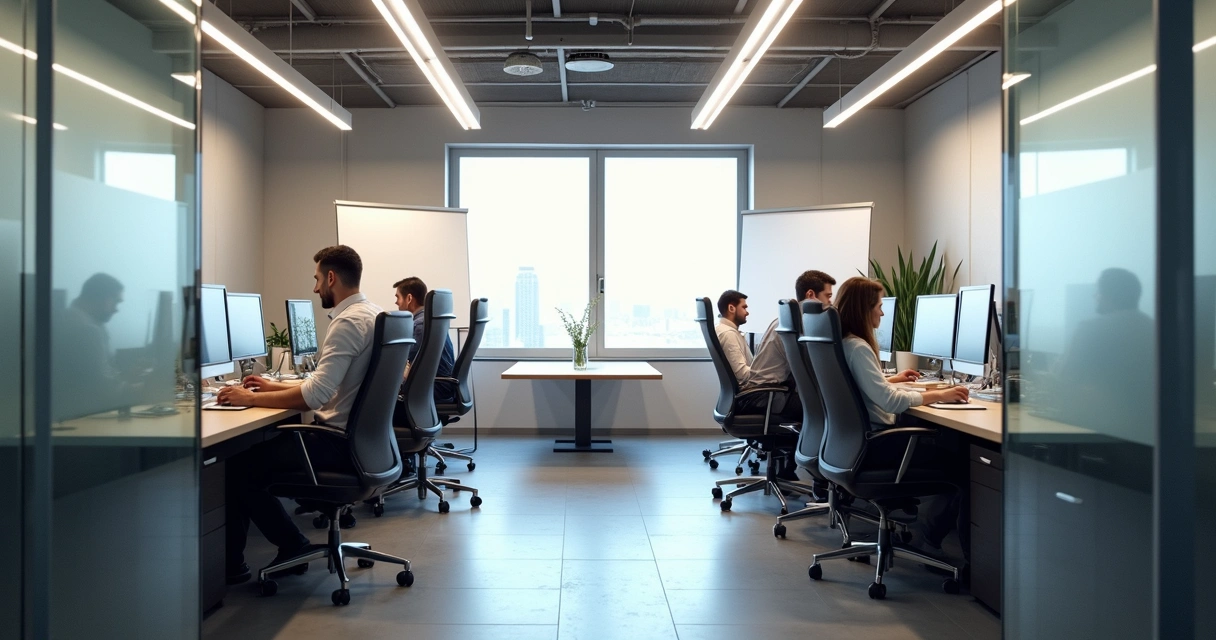 Duas empresas trabalhando em uma única sala com divisórias de vidro, ambiente moderno e profissional 