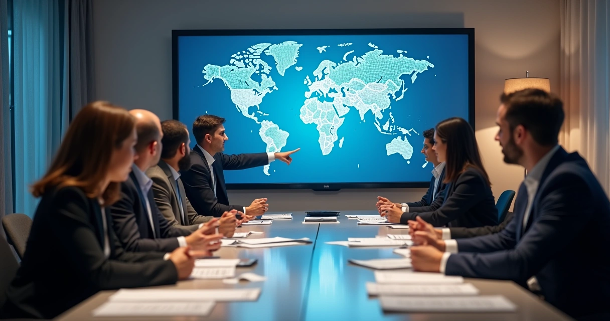 Equipe empresarial apontando mapa internacional e documentos traduzidos 