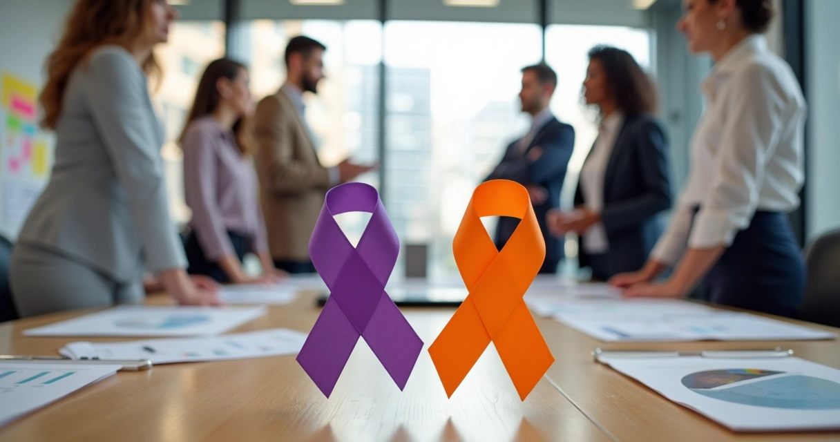 Equipe de escritório segurando laços roxo e laranja em apoio a campanhas de saúde 