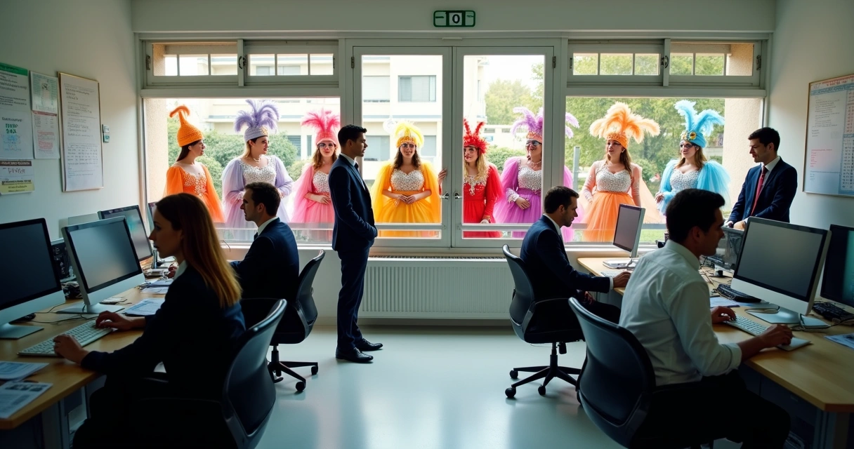 Salão empresarial com funcionários atendendo clientes em pleno Carnaval