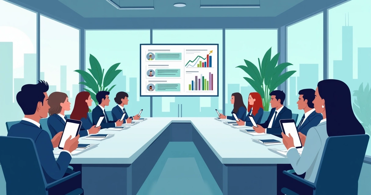 Ilustração de equipes empresariais interagindo em grupos do WhatsApp 
