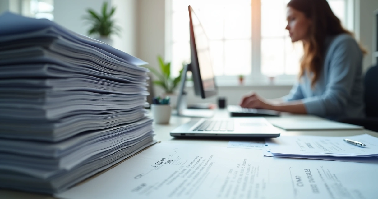 Funcionário analisando pilha de documentos empresariais. 