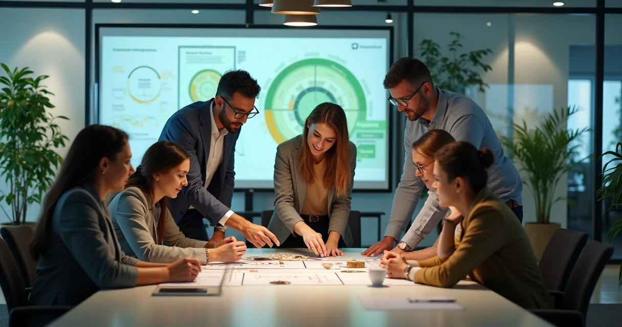 Equipe analisando protótipo sustentável em escritório moderno com plantas 
