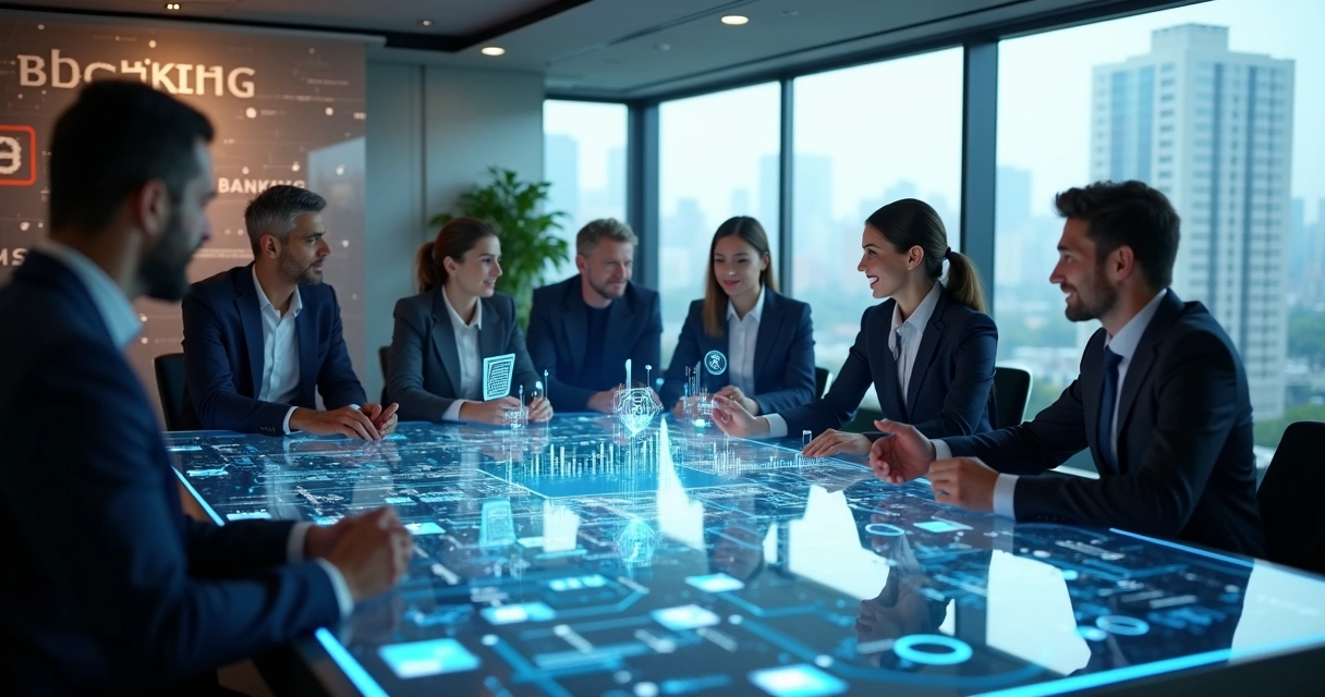 Ilustração realista de profissionais em reunião discutindo integração via API para serviços bancários em ambiente corporativo moderno 