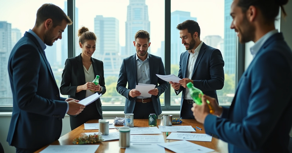 Grupo de executivos segurando materiais recicláveis em reunião 
