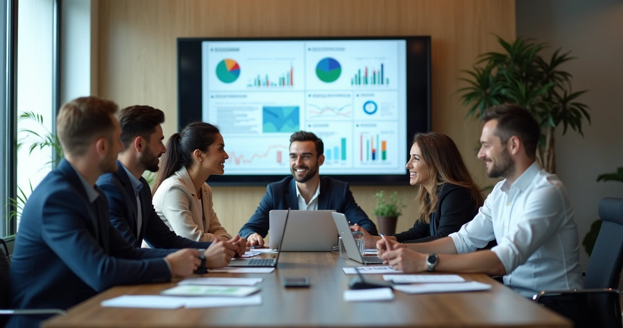 Equipe reunida em sala de reunião discutindo ações de marketing digital 