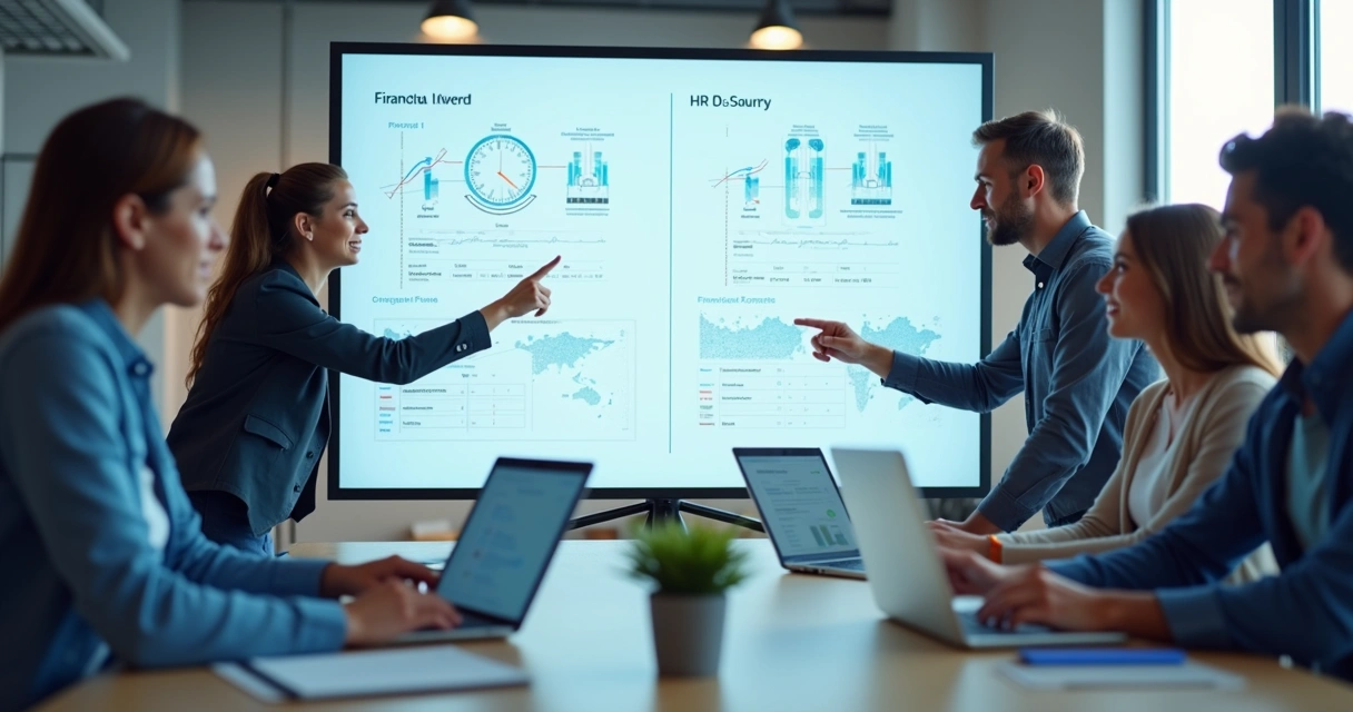 Representação colaborativa de duas empresas SaaS discutindo integração em um ambiente de trabalho, computadores à frente, com gráficos e telas de sistemas entre elas 