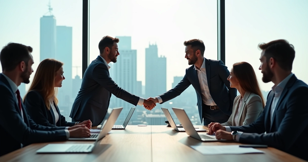Duas equipes de empresas diferentes se reunindo para uma joint venture