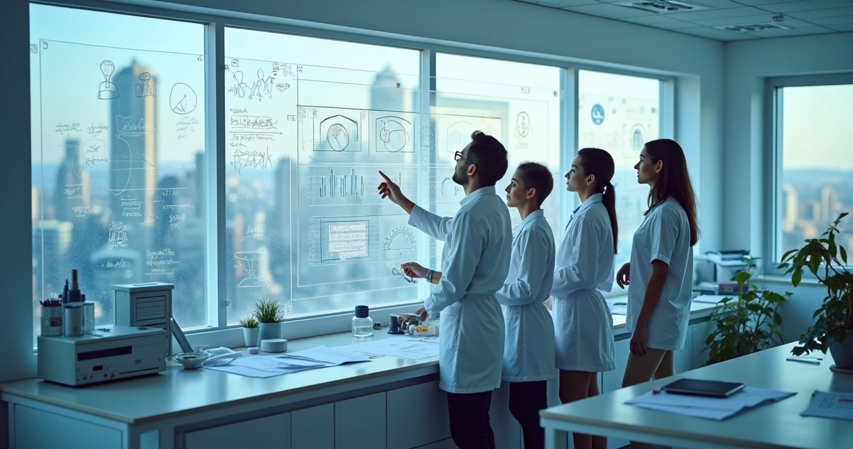 Pesquisadores em laboratório analisando dados em telas e analisando equipamentos de pesquisa