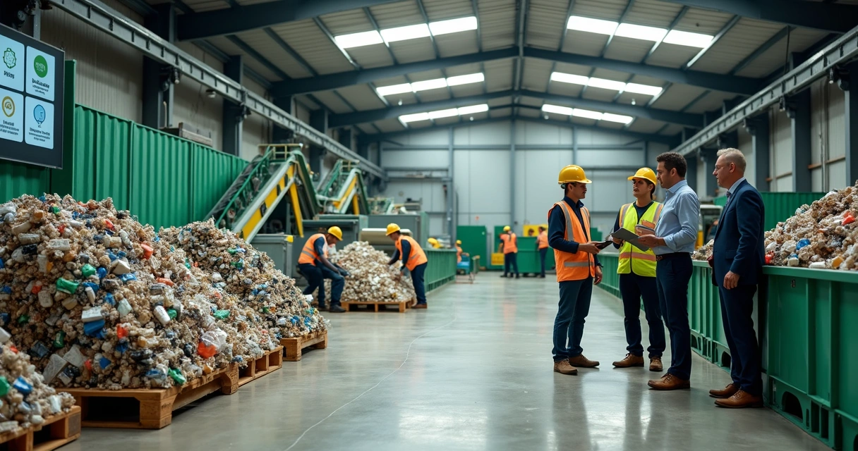 Executivos observando cooperativa de reciclagem com infraestrutura moderna 