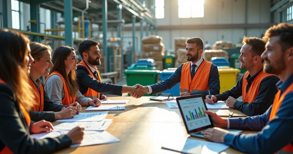 Executivos e representantes de cooperativa de reciclagem selando parceria em galpão com materiais recicláveis 