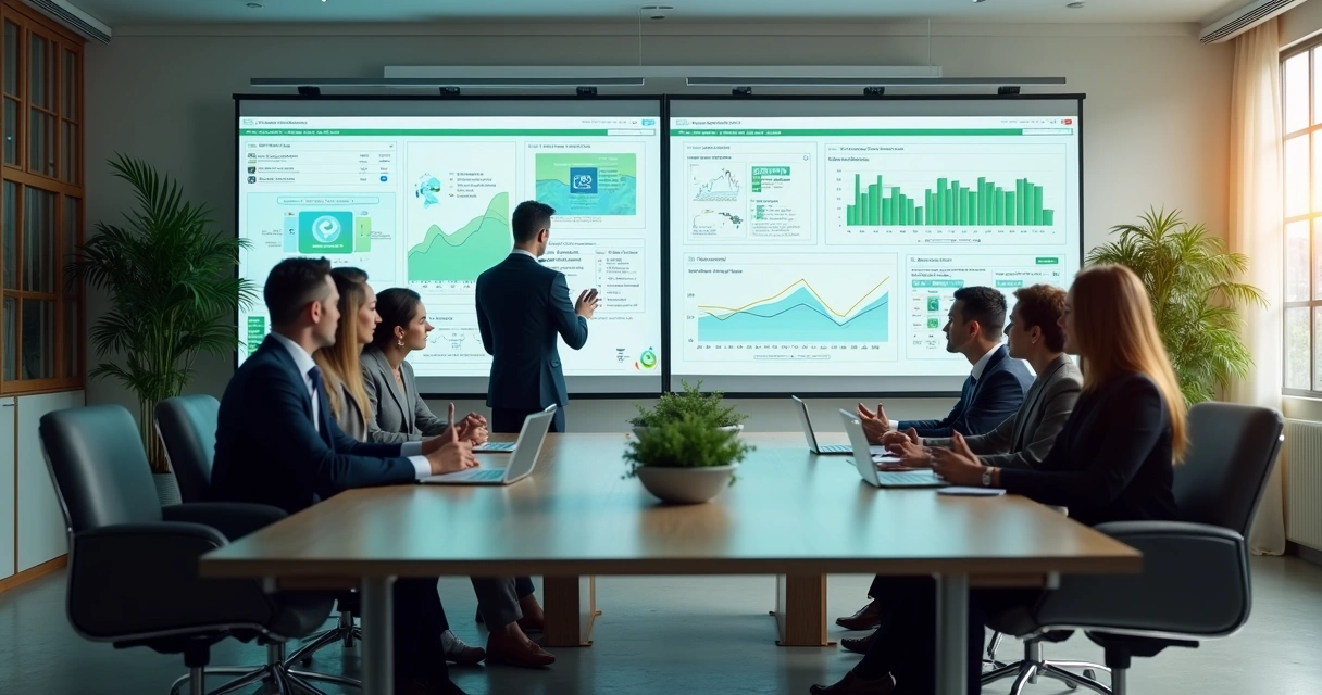 Empresários analisando painel de propostas de reciclagem
