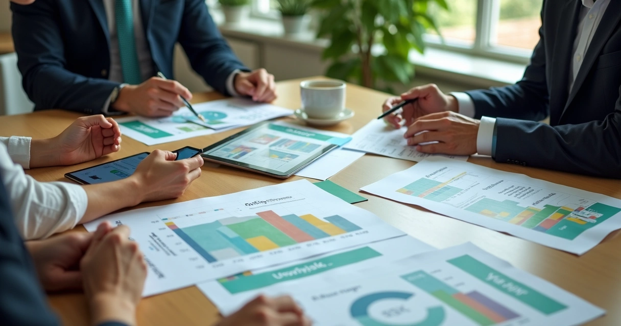 Empresários analisando relatórios com gráficos de ESG e resíduos reciclados